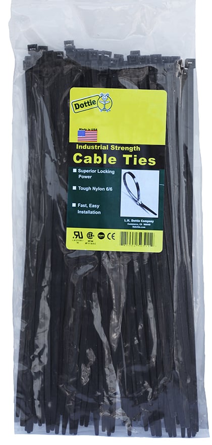Standard Duty Cable Ties, 0.18 in. width, 7.56 in. length, 0.052 in. thickness, 1.875 in. bundle diameter, Nylon material, UV Black, 50 lb. tensile strength