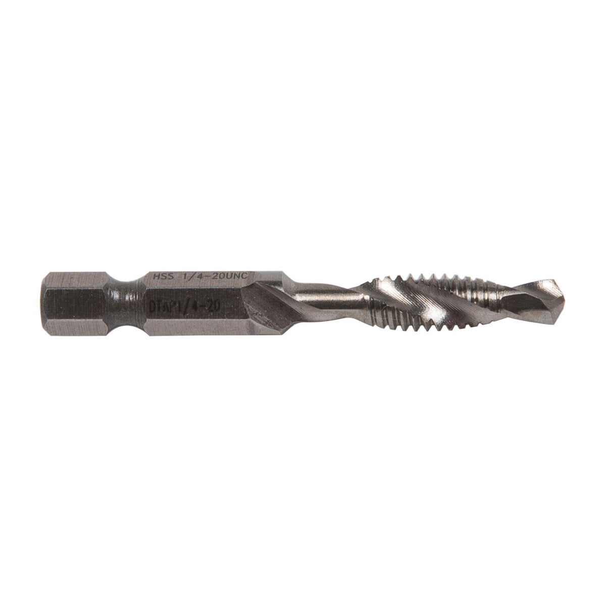Combination Drill/Tap Bits.  1/4-20NC.  Complete hole drilling, tapping and deburring/countersinking in one operation with power drill saves labor and time.  Back tapered beyond tap to prevent thread damage from over-drilling.  Deburr/countersink also provided on bit beyond back taper.  Made from hardened high-speed steel vs. carbon steel for longer life.  High quality hex shank to ensure strong connection to drill chuck.  Designed to tap up to 10-gauge metal.  Quick change adaptor included in both metric and standard kits.
