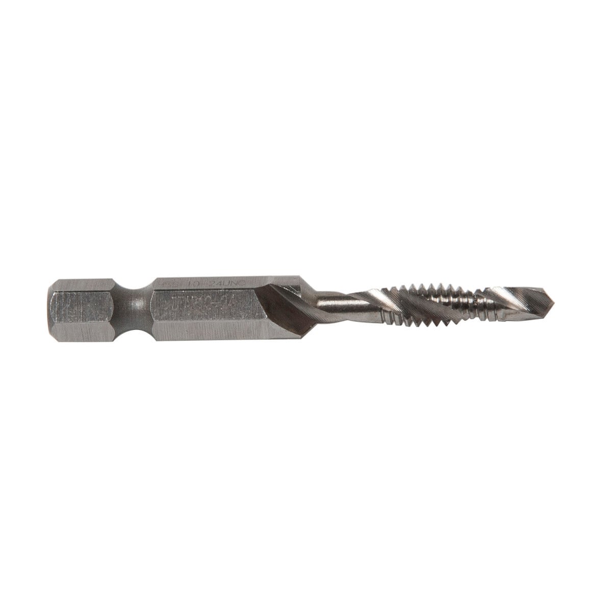 Combination Drill/Tap Bits.  10-24NC.  Complete hole drilling, tapping and deburring/countersinking in one operation with power drill saves labor and time.  Back tapered beyond tap to prevent thread damage from over-drilling.  Deburr/countersink also provided on bit beyond back taper.  Made from hardened high-speed steel vs. carbon steel for longer life.  High quality hex shank to ensure strong connection to drill chuck.  Designed to tap up to 10-gauge metal.  Quick change adaptor included in both metric and standard kits.