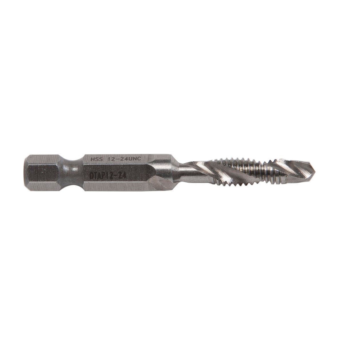 Combination Drill/Tap Bits.  12-24NC.  Complete hole drilling, tapping and deburring/countersinking in one operation with power drill saves labor and time.  Back tapered beyond tap to prevent thread damage from over-drilling.  Deburr/countersink also provided on bit beyond back taper.  Made from hardened high-speed steel vs. carbon steel for longer life.  High quality hex shank to ensure strong connection to drill chuck.  Designed to tap up to 10-gauge metal.  Quick change adaptor included in both metric and standard kits.