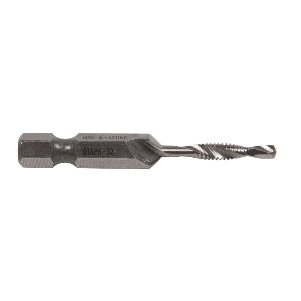 Combination Drill/Tap Bits.  6-32NC.  Complete hole drilling, tapping and deburring/countersinking in one operation with power drill saves labor and time.  Back tapered beyond tap to prevent thread damage from over-drilling.  Deburr/countersink also provided on bit beyond back taper.  Made from hardened high-speed steel vs. carbon steel for longer life.  High quality hex shank to ensure strong connection to drill chuck.  Designed to tap up to 10-gauge metal.  Quick change adaptor included in both metric and standard kits.