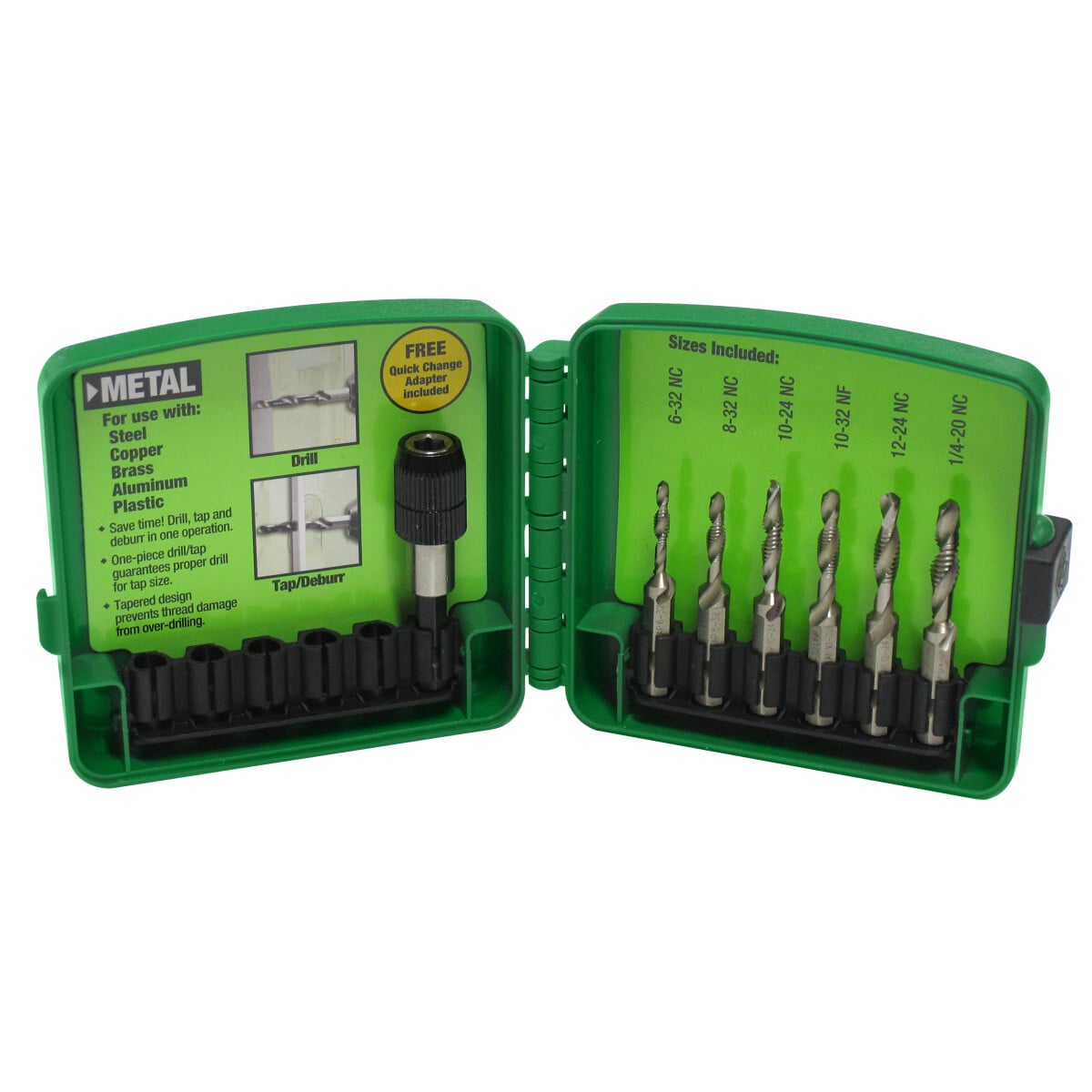 Combination Drill/Tap Bits.  6 Piece Drill/Tap Set, 6-32 TO 1/4-20.  Complete hole drilling, tapping and deburring/countersinking in one operation with power drill saves labor and time.  Back tapered beyond tap to prevent thread damage from over-drilling.  Deburr/countersink also provided on bit beyond back taper.  Made from hardened high-speed steel vs. carbon steel for longer life.  High quality hex shank to ensure strong connection to drill chuck.  Designed to tap up to 10-gauge metal.  Quick change adaptor included in both metric and standard kits.