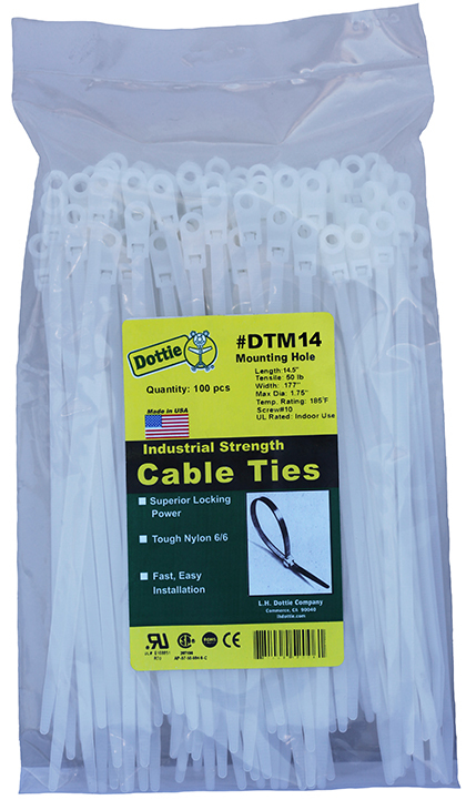 Mounting Hole Cable Ties, 0.177 in. width, 14.5 in. length, 0.053 in. thickness, 4 in. bundle diameter, Nylon material, Natural, 50 lb. tensile strength, #10 screw size
