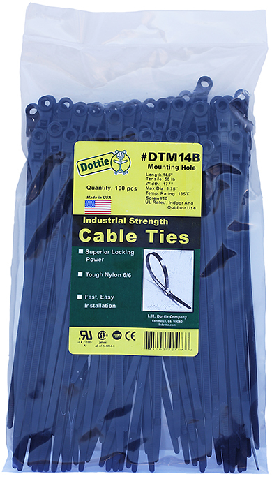 Mounting Hole Cable Ties, 0.177 in. width, 14.5 in. length, 0.053 in. thickness, 4 in. bundle diameter, Nylon material, UV Black, 50 lb. tensile strength, #10 screw size