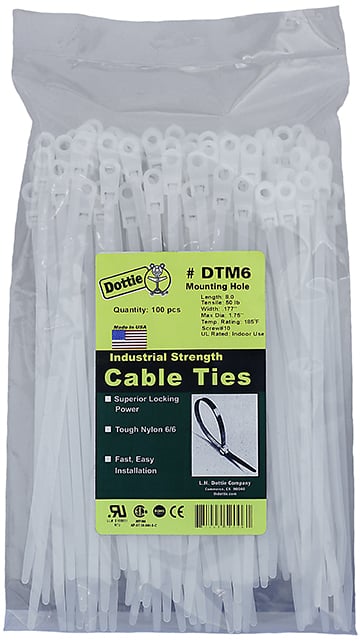 Mounting Hole Cable Ties, 0.177 in. width, 8 in. length, 0.052 in. thickness, 1.75 in. bundle diameter, Nylon material, Natural, 50 lb. tensile strength, #10 screw size
