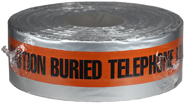 Detectable Tape, Orange, 1000 ft. length, Foil Bonded Polyethylene material, "Caution Buried Telephone Line Below" legend, 4.5 mil. thickness, 3 in. width