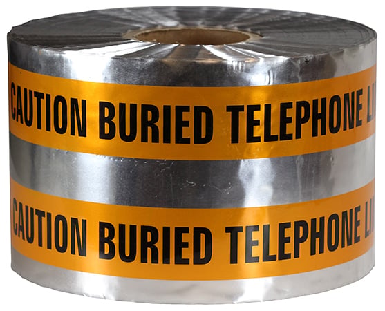 Detectable Tape, Orange, 1000 ft. length, Foil Bonded Polyethylene material, "Caution Buried Telephone Line Below" legend, 4.5 mil. thickness, 6 in. width
