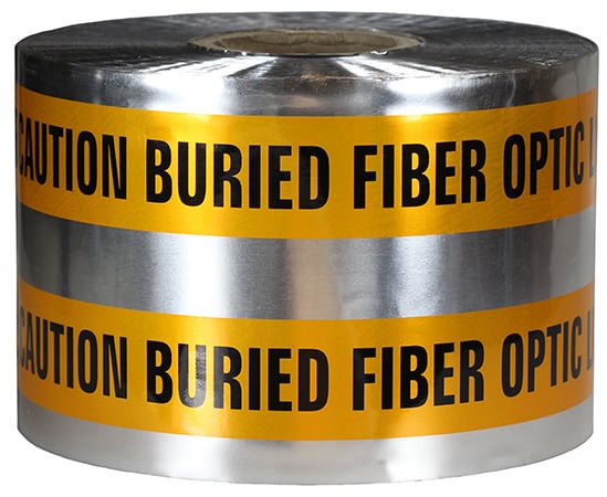 Detectable Tape, Orange, 1000 ft. length, Foil Bonded Polyethylene material, "Caution Buried Fiber Optic Line Below" legend, 4.5 mil. thickness, 6 in. width