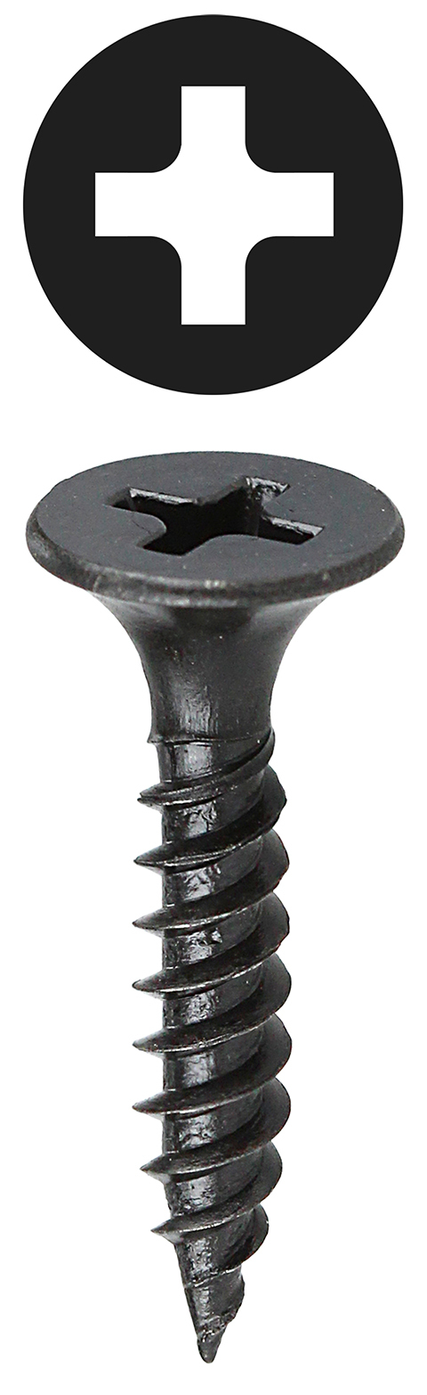 Bugle Head Drywall Screw, Steel material, 1-1/8 in. length, Fine thread type, #6 thread size, Black head color, Black Oxide finish, Phillips drive, Self Piercing, Patented Invincibox Packaging