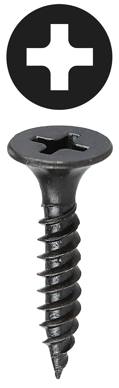 Bugle Head Drywall Screw, Steel material, 2 in. length, Fine thread type, #6 thread size, Black head color, Black Oxide finish, Phillips drive, Self Piercing, Patented Invincibox Packaging