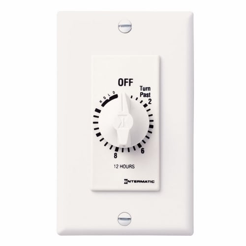 The 12 Hour 125-277 V SPST White w/ Hold For Continuous Duty This Decorator Auto-Off Timer is designed to replace any standard wall switch - single or multi-gang. The energy-efficient mechanical timer does not  require electricity to operate. In addition, it automatically limits the ON times for fans, lighting, motors, heaters, and other energy consuming loads.