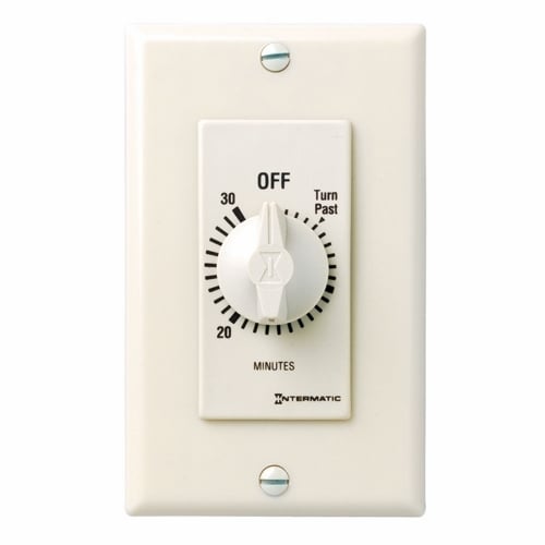 This 30 min almond Decorator Auto-Off Timer is designed to replace any standard wall switch - single or multi-gang. The energy-efficient mechanical timer does not  require electricity to operate. In addition, it automatically limits the ON times  for fans, lighting, motors, heaters, and other energy consuming loads.