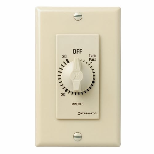 This 30 min ivory Decorator Auto-Off Timer is designed to replace any standard wall switch - single or multi-gang. The mechanical timer does not require  electricity to operate. In addition, it automatically limits the ON times for  fans, lighting, motors, heaters, and other energy consuming loads.