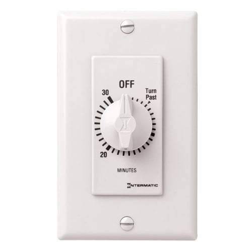 This 30 min white  Decorator Auto-Off Timer is designed to replace any standard wall switch - single or multi-gang. The energy-efficient mechanical timer does not  require electricity to operate. In addition, it automatically limits the ON times for fans, lighting, motors, heaters, and other energy consuming loads.