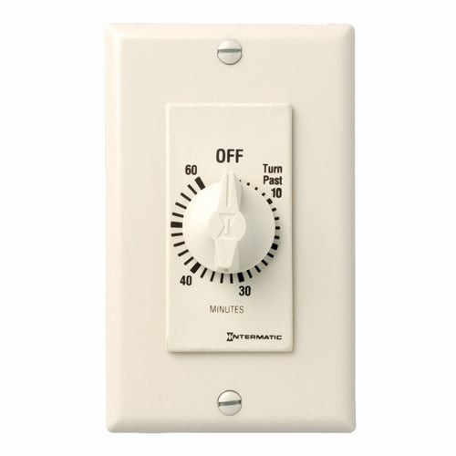 This 60 min almond Decorator Auto-Off Timer is designed to replace any standard wall switch - single or multi-gang. The energy-efficient mechanical timer does not  require electricity to operate. In addition, it automatically limits the ON times  for fans, lighting, motors, heaters, and other energy consuming loads.