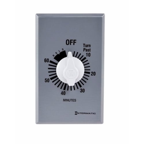 The 60 Minute 125-277 V SPST w/ Hold For Continuous Duty This Commercial Auto-Off Timer is designed to replace any standard wall switch - single or multi-gang. This energy-efficient mechanical timer does not  require electricity to operate. In addition, it automatically limits the ON times for fans, lighting, motors, heaters, and other energy consuming loads.