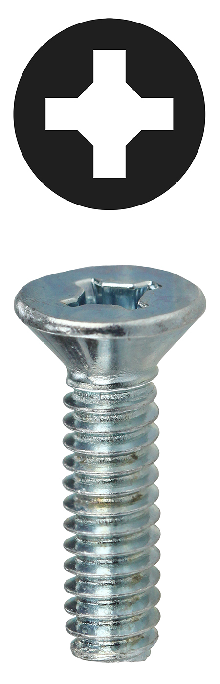 Machine Screw, Steel material, 1 in. length, #10-32 thread size, Flat head type, Zinc Plated Finish, Square/Phillips drive type