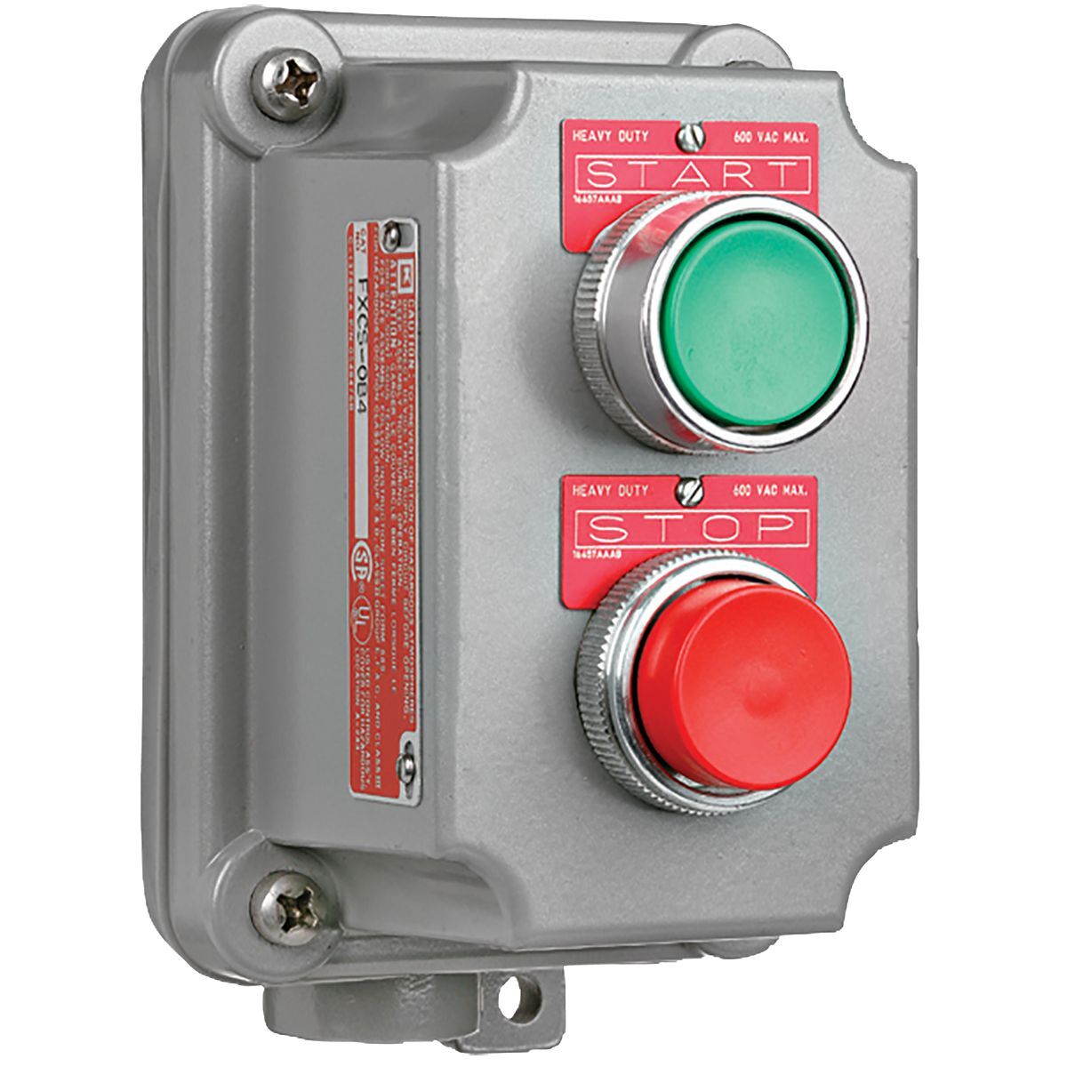 FXCS Series - Aluminum Momentary Contact Double Push Button Cover With Device - Factory Sealed - Green Button With "Start" Nameplate - Red Button With "Stop" Nameplate - 1NO/1NC Contact Rating