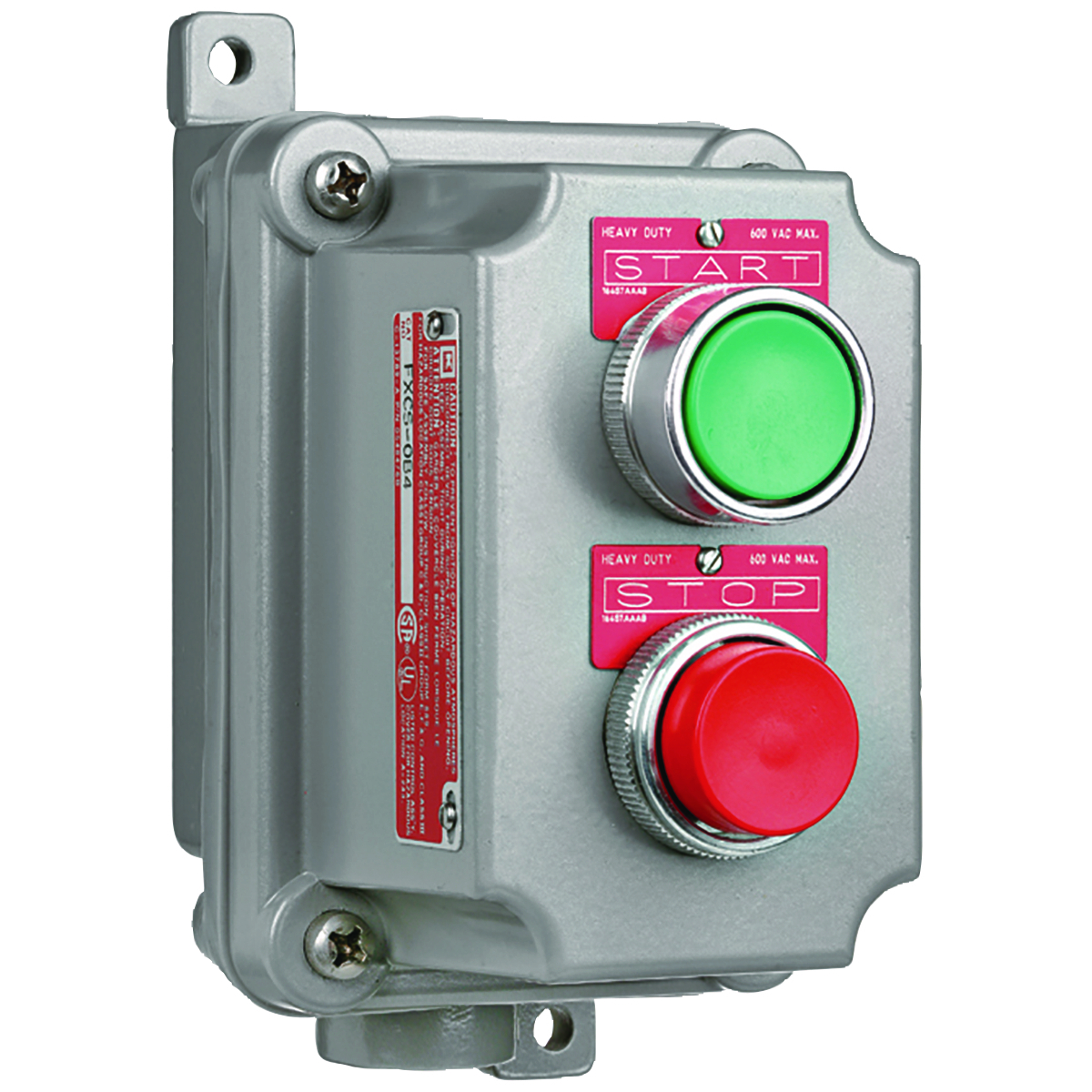 FXCS Series - Aluminum Dead-End Momentary Contact Double Push Button Control Station - Factory Sealed - Red And Green Buttons With "Start"Nameplates - Hub Size 3/4 Inch - 2NO/2NC Contact Rating