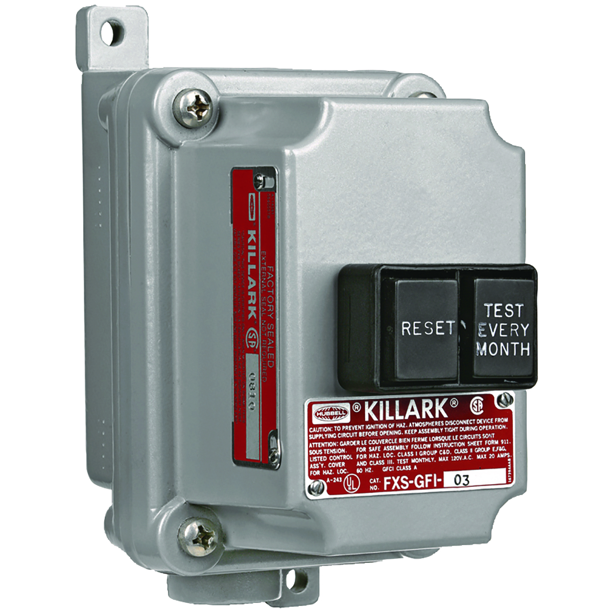 FXS Series - Aluminum Dead-End Ground Fault Interrupter Unit - Factory Sealed - Hub Size 1/2 Inch - 20A/120Vac/60Hz - 4-6 Miliamp Trip Setting
