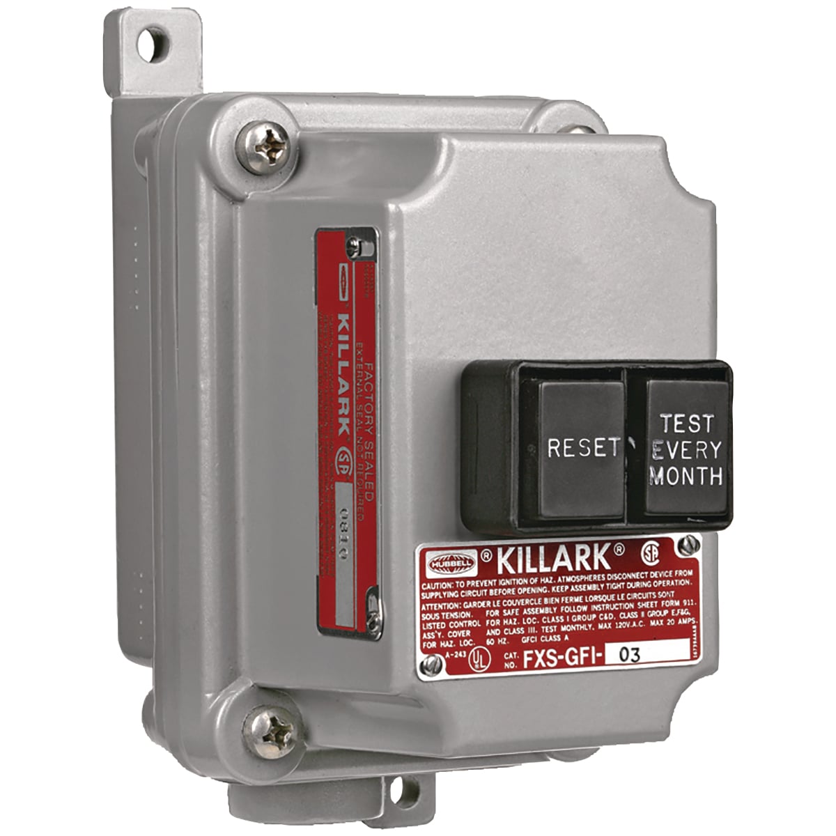FXS Series - Aluminum Dead-End Ground Fault Interrupter Unit - Factory Sealed - Hub Size 3/4 Inch - 20A/120Vac/60Hz - 4-6 Miliamp Trip Setting