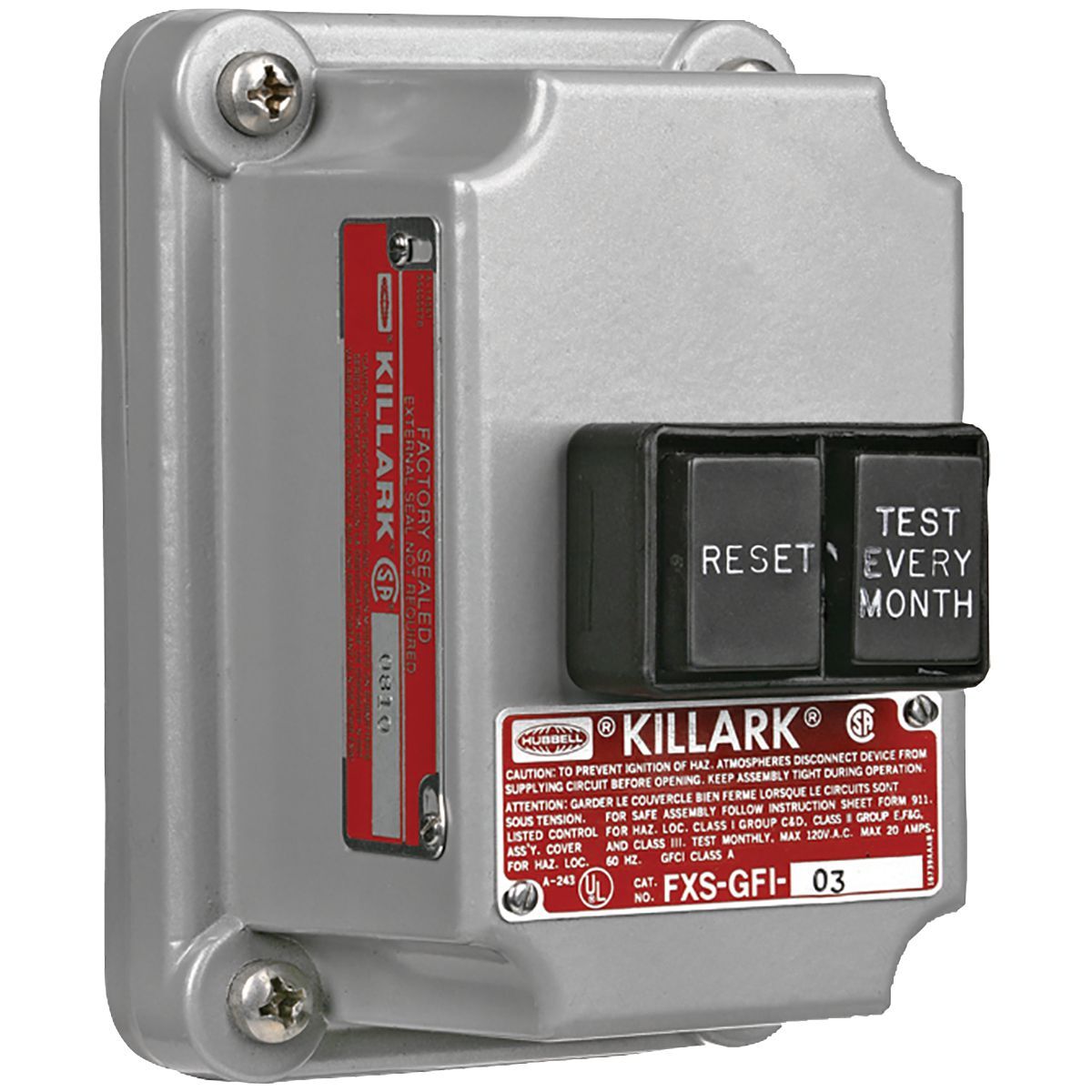 FXS SERIES - ALUMINUM GROUND FAULT INTERRUPTER COVER ASSEMBLY - FACTORYSEALED - 20A/120VAC/60HZ - 4-6 MILIAMP TRIP SETTING