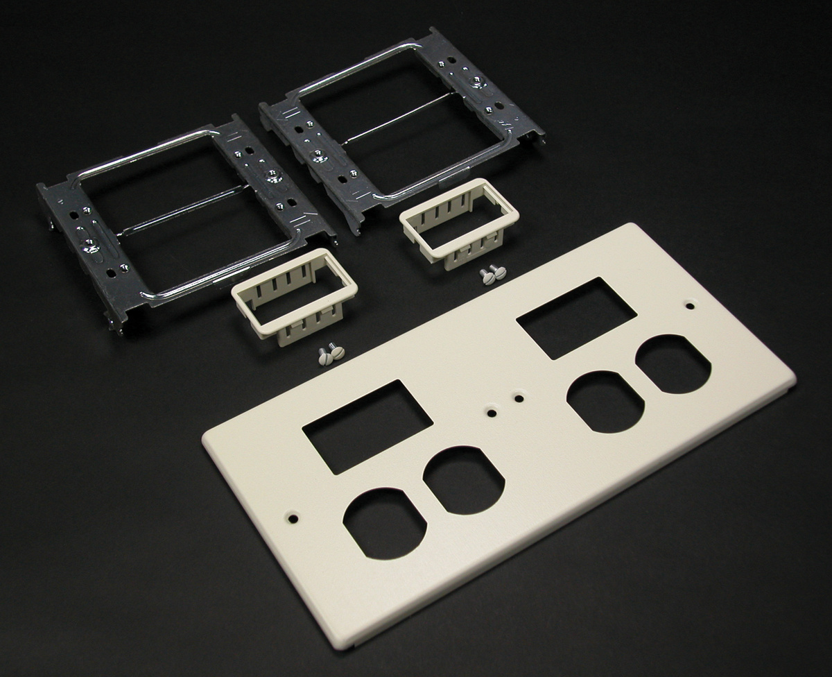 Cover Plate Type; Steel Material; 4-3/4 Inch L X 9-1/2 Inch W Size; Gray Finish; 4000 Series Raceway Used on; (2) 15/20 Ampere Duplex Receptacle, Activate Insert, Open System Communication Module Configuration; 4 Gang(S); UL (Canada and Us) Approval