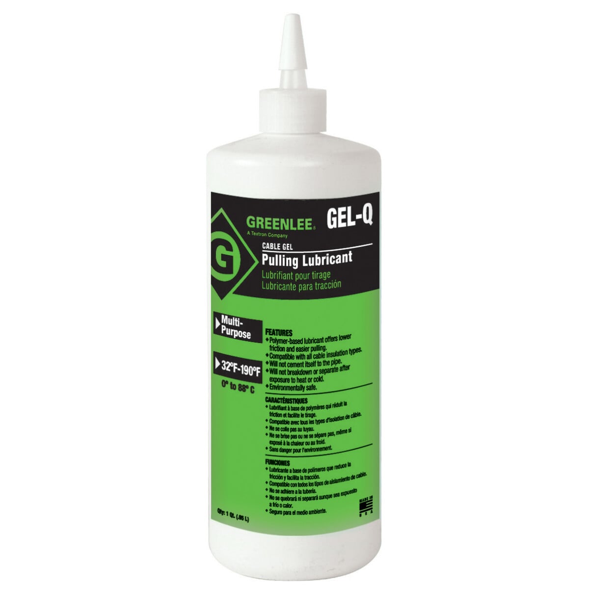 Cable-Gel Cable Pulling Lubricant One (1) Quart, Standard Pack of 12.  Polymer-based, no silicon lubricant offers lower friction and easier pulling.  Compatible with all cable insulation types.  Cleans up quickly.  Non-staining.  Higher lubricity than competitive products.  Will not cement itself to the pipe.  Dries slowly.  Can be applied by hand or pump.  Will not break down or separate after exposure to heat or cold.  Environmentally safe/non-hazardous.