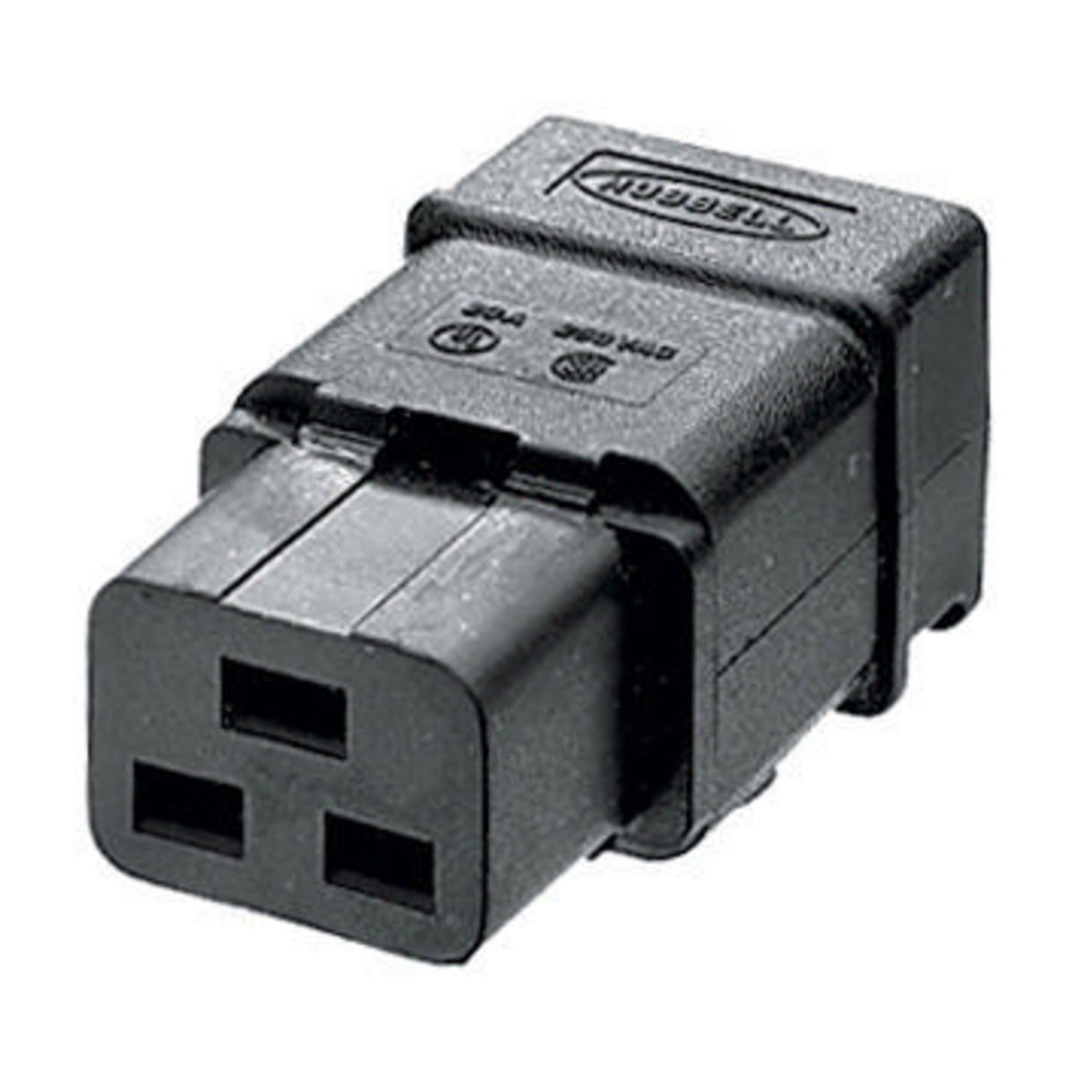 Straight Blade Devices, IEC 320 Devices, Female Connector, 16A 250V, International Rated, Pressure Screw Terminal, Black, Single Pack.