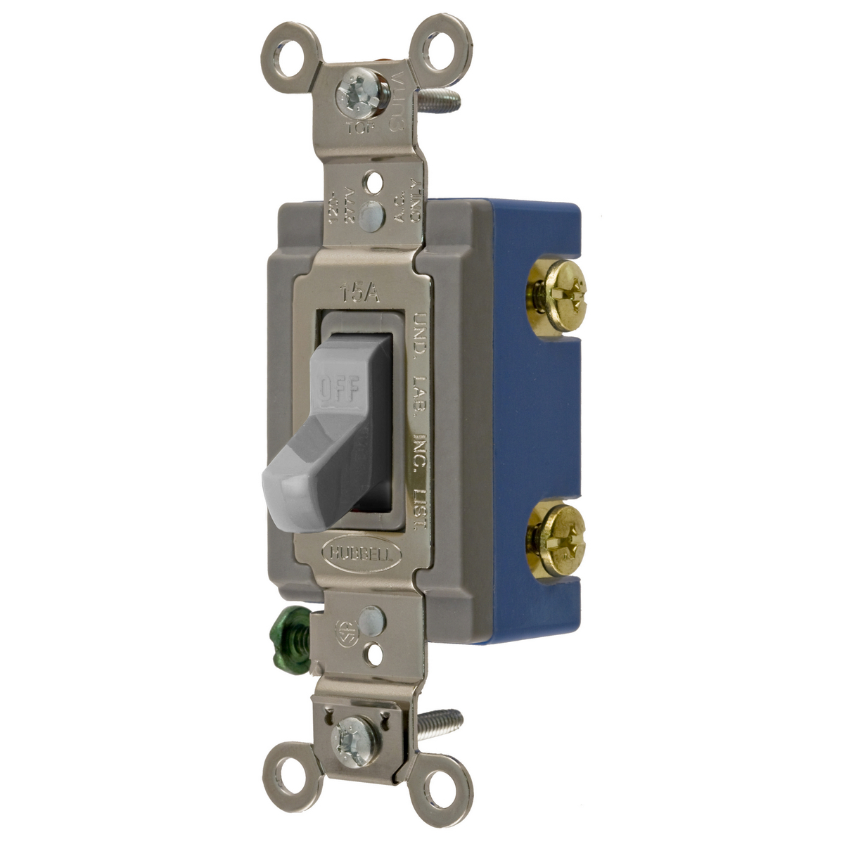 Switches and Lighting Controls, Extra Heavy Duty Industrial Grade, Toggle Switches, General Purpose AC, Single Pole, 15A 120/277V AC, Back and Side Wired, Gray Toggle