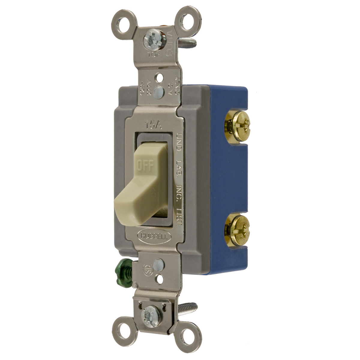Switches and Lighting Controls, Extra Heavy Duty Industrial Grade, Toggle Switches, General Purpose AC, Single Pole, 15A 120/277V AC, Back and Side Wired, Ivory Toggle