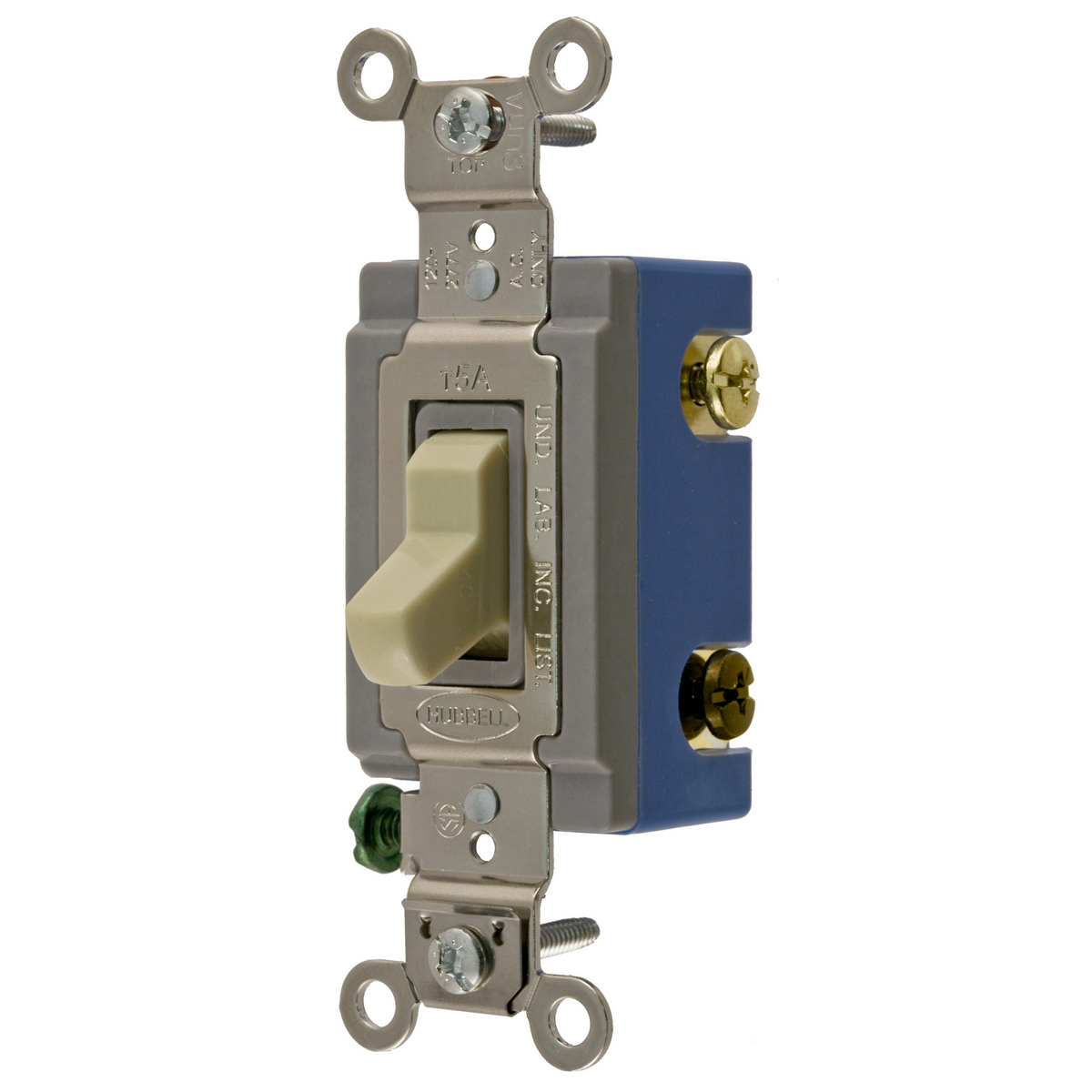 Switches and Lighting Controls, Extra Heavy Duty Industrial Grade, Toggle Switches, General Purpose AC, Three Way, 15A 120/277V AC, Back and Side Wired, Ivory Toggle