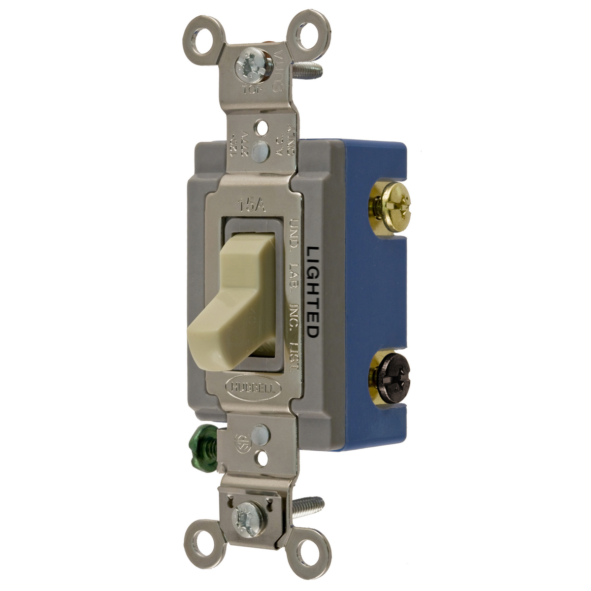 Switches and Lighting Controls, Industrial Grade, Illuminated Toggle Switches, General Purpose AC, Three Way, 15A 120/277V AC, Back and Side Wired, Ivory Toggle
