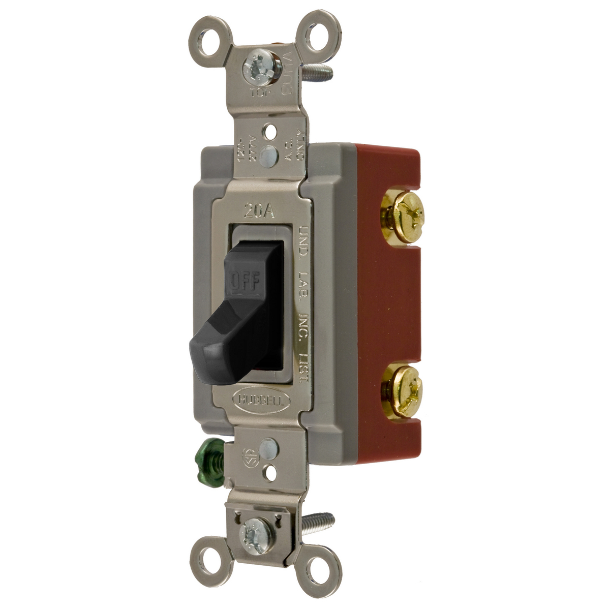 Switches and Lighting Controls, Extra Heavy Duty Industrial Grade, Toggle Switches, General Purpose AC, Single Pole, 20A 120/277V AC, Back and Side Wired, Black Toggle