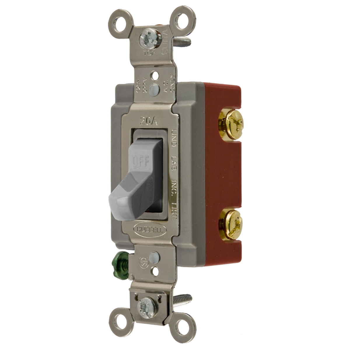 HBL1221GY HBL Extra Heavy Duty General Purpose Standard Toggle Switch, 120 to 277 V AC, 20 A, 5540 W Power Rating, 2-Position Contact