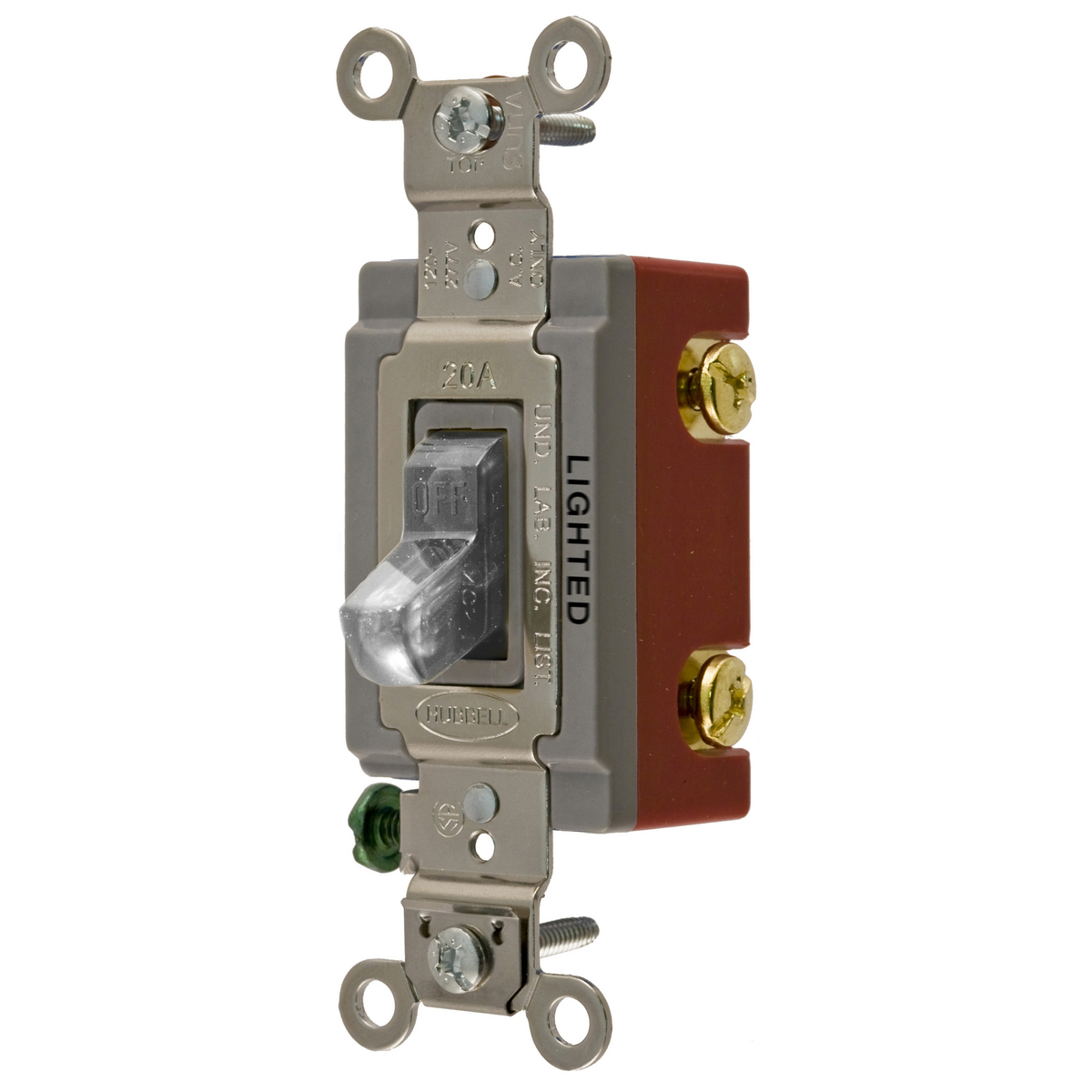 Switches and Lighting Controls, Industrial Grade, Illuminated Toggle Switches, General Purpose AC, Single Pole, 20A 120/277V AC, Back and Side Wired, Clear Toggle