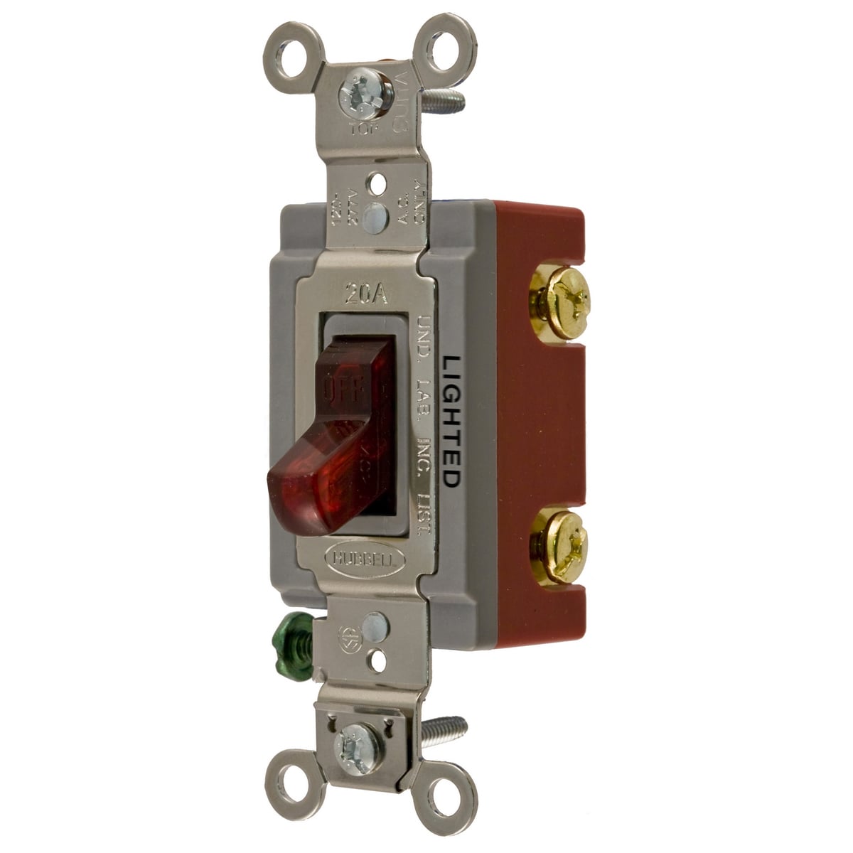 Switches and Lighting Controls, Industrial Grade, Illuminated Toggle Switches, General Purpose AC, Single Pole, 20A 120/277V AC, Back and Side Wired, Red Toggle