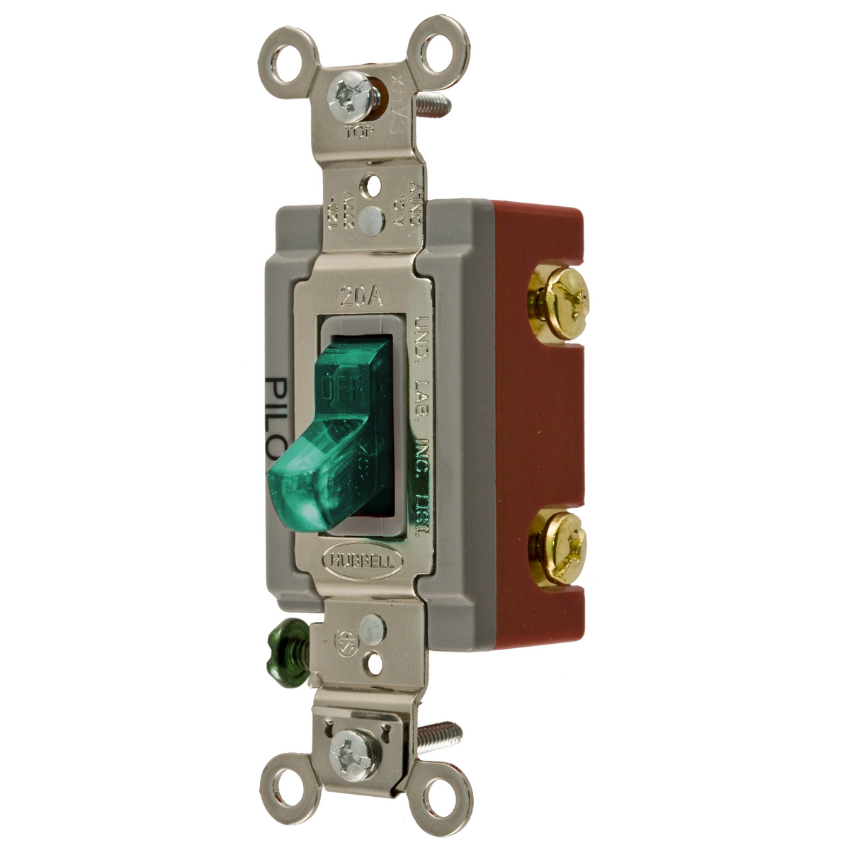 HBL1221PLG Extra Heavy Duty General Purpose Pilot Light Standard Toggle Switch, 120 to 277 V AC, 20 A, 5540 W Power Rating, 2-Position Contact