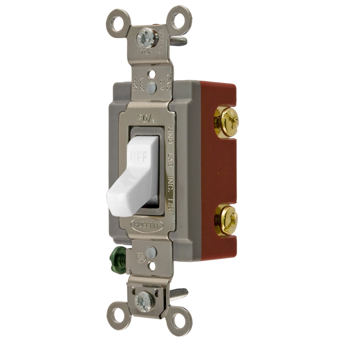 Switches and Lighting Controls, Extra Heavy Duty Industrial Grade, Toggle Switches, General Purpose AC, Single Pole, 20A 120/277V AC, Back and Side Wired, White Toggle