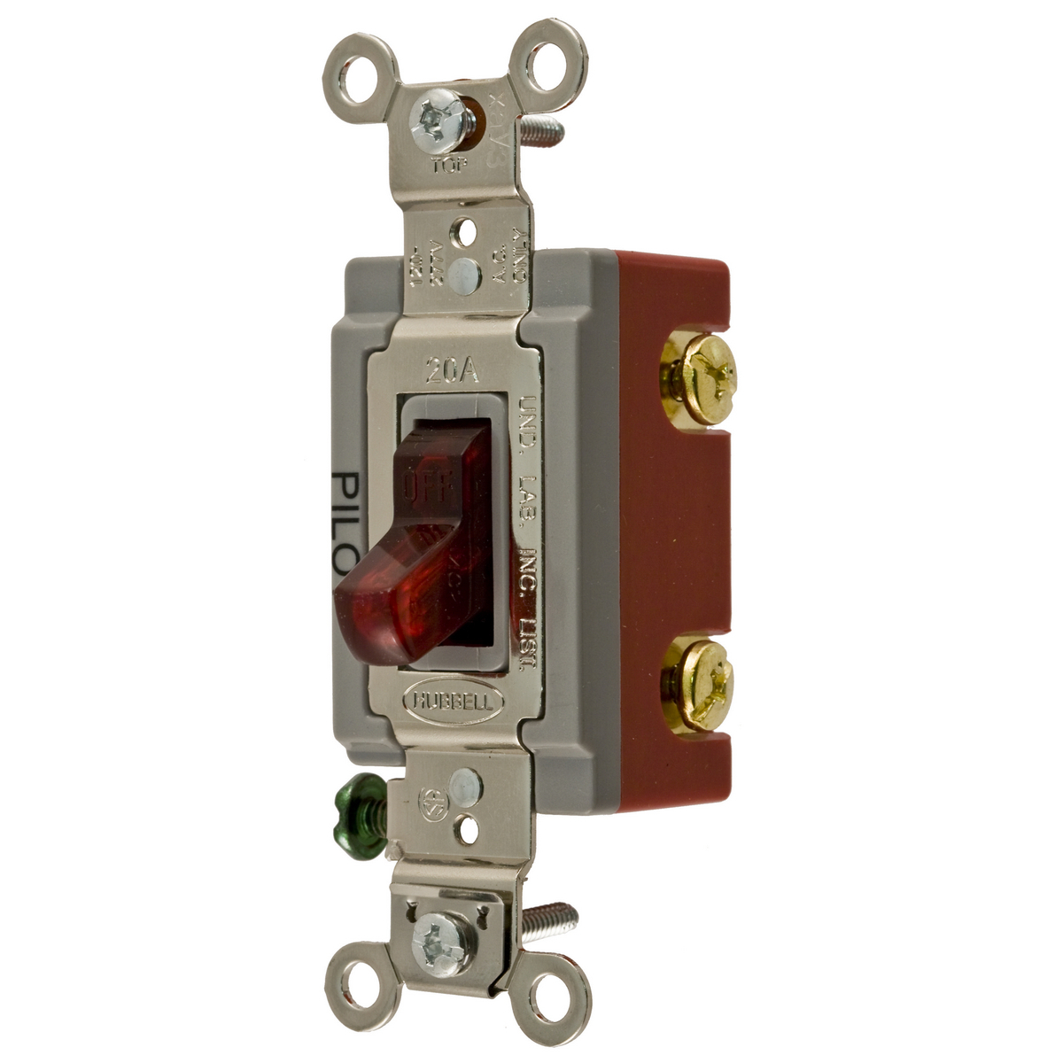 HBL1222PL Extra Heavy Duty General Purpose Pilot Light Standard Toggle Switch, 120 to 277 V AC, 20 A, 5540 W Power Rating, 2-Position Contact