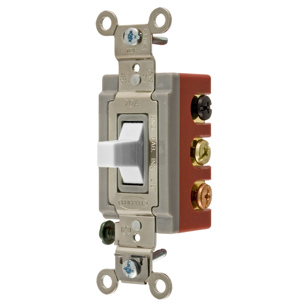 HBL1386W HBL 3-Position Extra Heavy Duty Industrial/Specification Grade Standard Toggle Switch, 120/277 V, 20 A, 5540 W Power Rating, On-Off-On 3-Position Contact