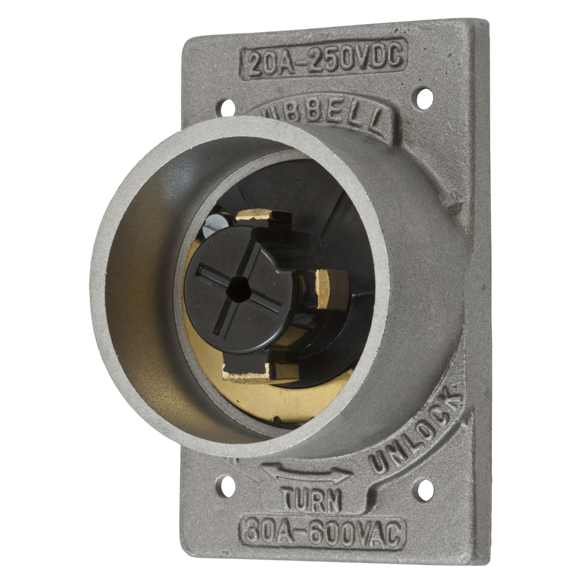 Locking Devices, Hubbellock, Industrial, Flanged Inlet, 30A 600V AC, 20A 250V DC, 3-Pole 4-Wire Grounding, Black phenolic interior, Aluminum housing, Non-NEMA, Screw Terminal, FS/FD Box Mounting, Metallic