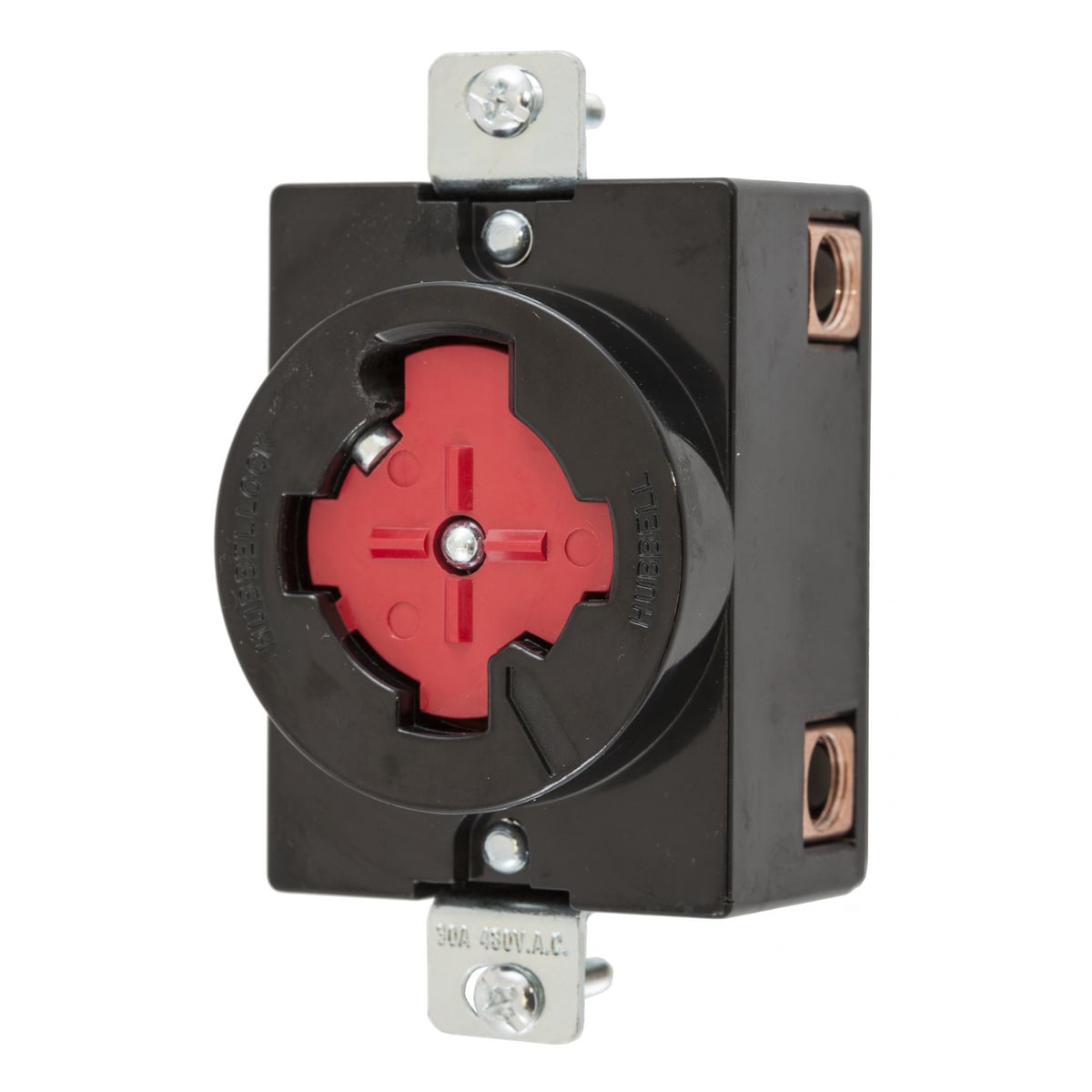 Locking Devices, Hubbellock, Industrial, Flush Receptacle, 30A 3-Phase Delta 480V AC, 3-Pole 4-Wire Grounding, Non-NEMA, Screw Terminal, Red.