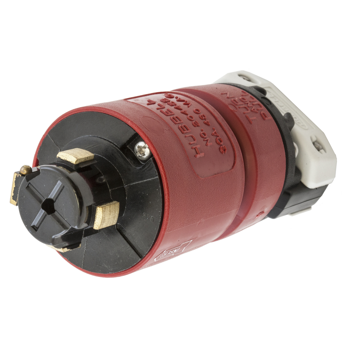 Locking Devices, Hubbellock, Industrial, Male Plug, 30A 3-Phase 480V AC, 3-Pole 4-Wire Grounding Hubbellock Plug, Red nylon housing, Thermoset interior, Non-NEMA, Screw Terminal