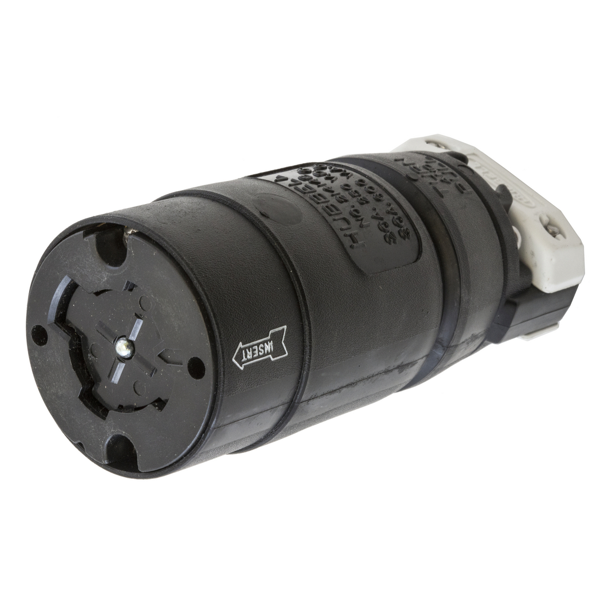 Locking Devices, Hubbellock, Industrial, Female Connector Body, 30A 600V AC, 20A 250V DC, 3-Pole 4-Wire Grounding, Black nylon housing, thermoplastic interior, Non-NEMA, Screw Terminal, Black and White
