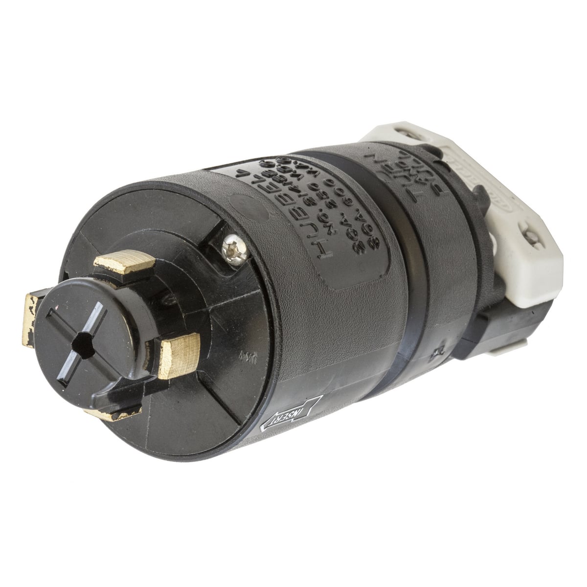 Locking Devices, Hubbellock, Industrial, Male Plug, 30A 600V AC, 20A 250V DC, 3-Pole 4-Wire Grounding Hubbellock Plug, Black nylon housing, thermoplastic interior, Non-NEMA, Screw Terminal, Black and White