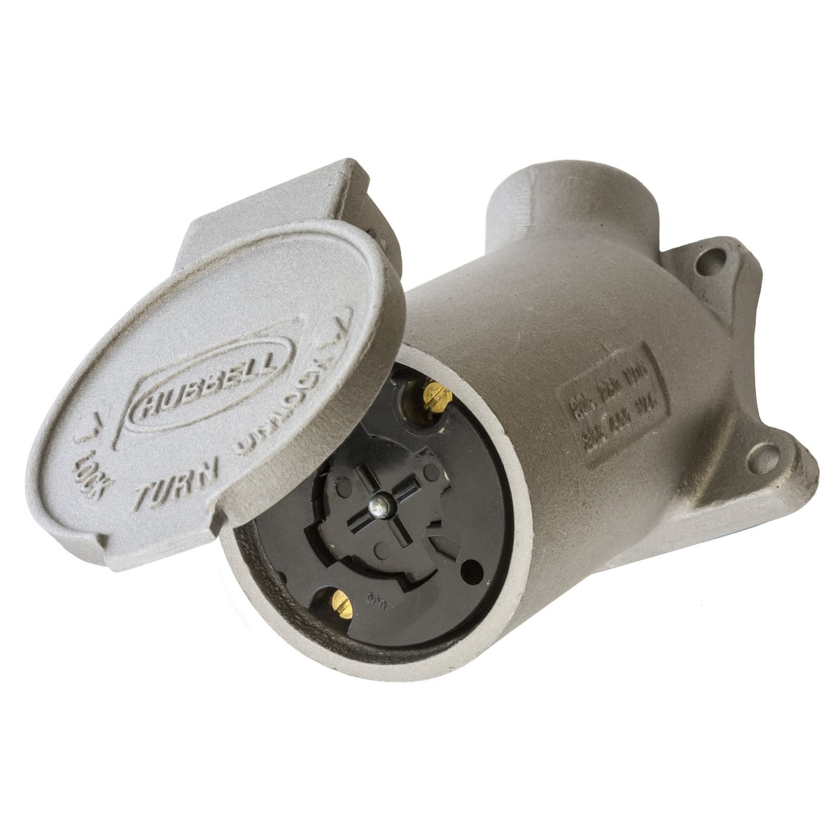 Locking Devices, Hubbellock, Industrial, Flanged Receptacle, 30A 600V AC, 20A 250V DC, 3-Pole 4-Wire Grounding, Non- NEMA, Screw Terminal, Cast Aluminum angle housing, with " N P T hub for surface mounting, Metallic