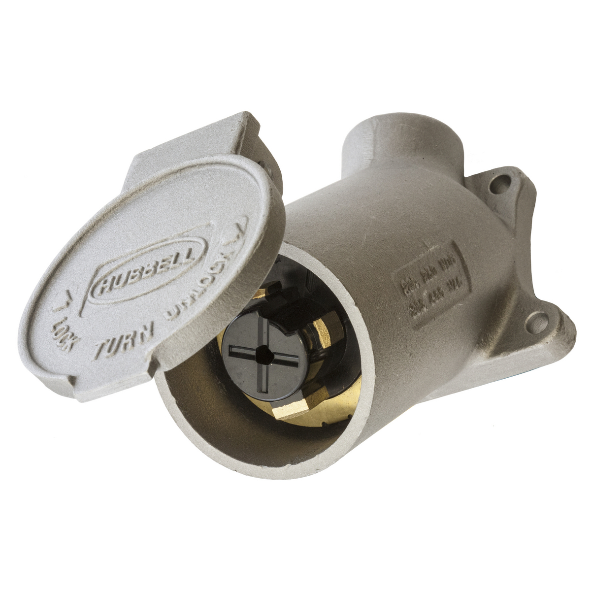 Locking Devices, Hubbellock, Industrial, Flanged Inlet, 30A 600V AC, 20A 250V DC, 3-Pole 4-Wire Grounding, Non-NEMA, Screw Terminal, Cast Aluminum angle housing with  " N P T hub for surface mounting, Metallic