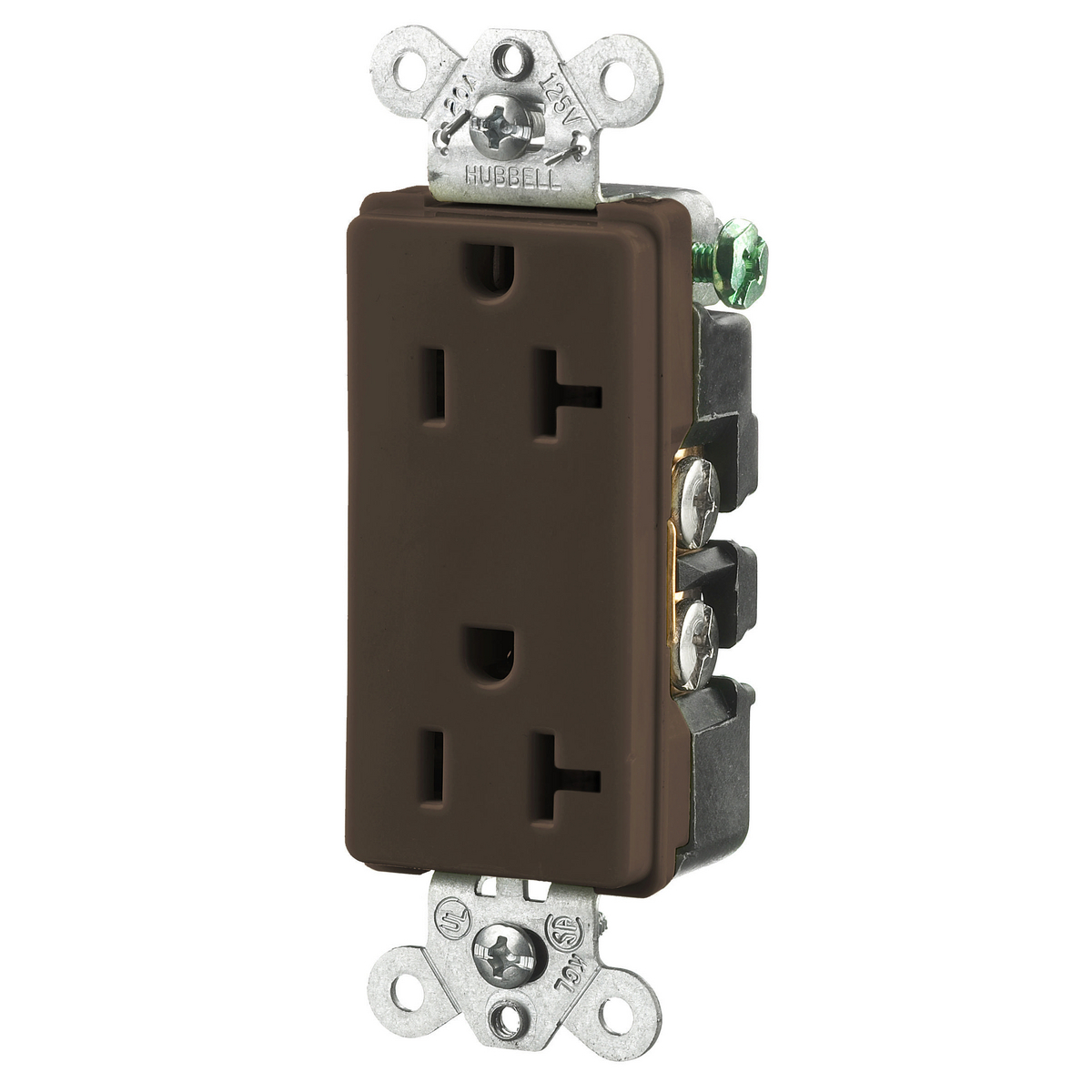 Straight Blade Devices, Receptacles, Duplex, Decorator/Commercial/Industrial Grade, 2-Pole 3-Wire Grounding, 20A 125V, 5-20R, Brown, Single Pack.