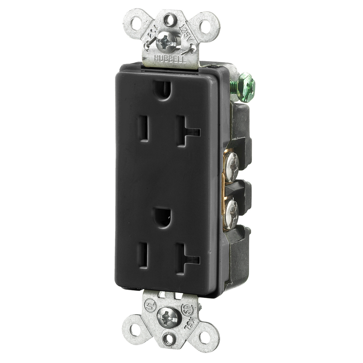 Straight Blade Devices, Receptacles, Duplex, Decorator/Commercial/Industrial Grade, 2-Pole 3-Wire Grounding, 20A 125V, 5-20R, Black, Single Pack.